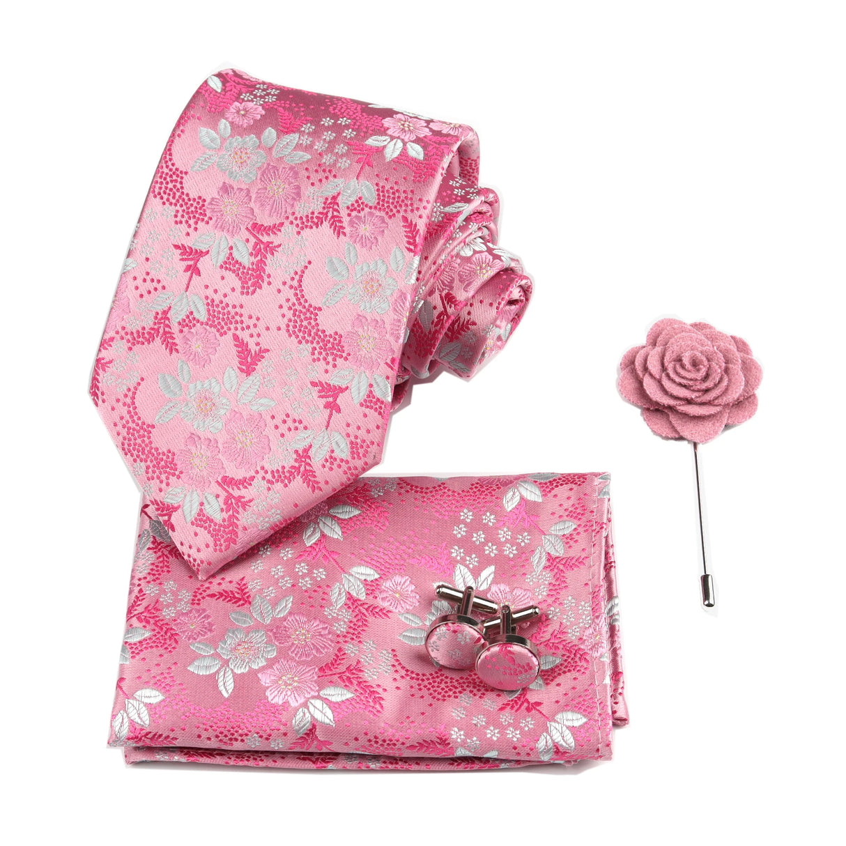 Ensemble de cravates en soie rose floral pour hommes, ensemble de cravates de fête de mariage, mouchoir, broche, boutons de manchette, accessoires pour hommes de haute qualité Gravata