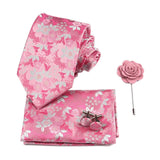 Ensemble de cravates en soie rose floral pour hommes, ensemble de cravates de fête de mariage, mouchoir, broche, boutons de manchette, accessoires pour hommes de haute qualité Gravata