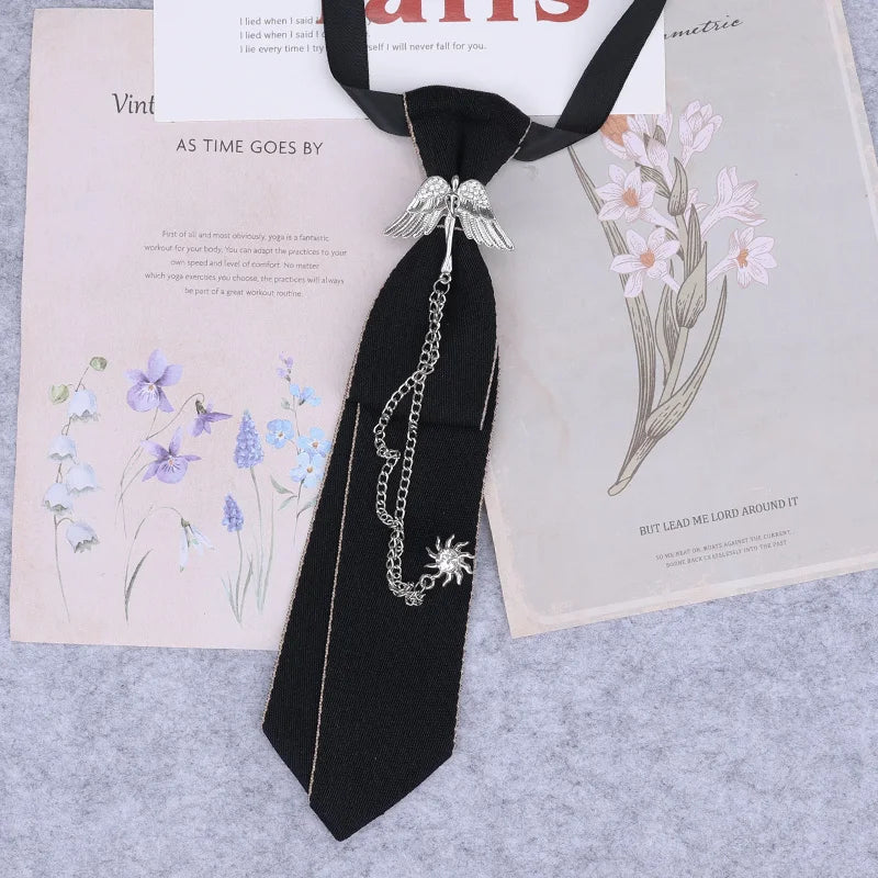 Cravate en ruban noir faite à la main, bijoux en strass cristal, chemises blanches pour hommes, étudiantes, garçons, col, cravates, uniformes, femmes