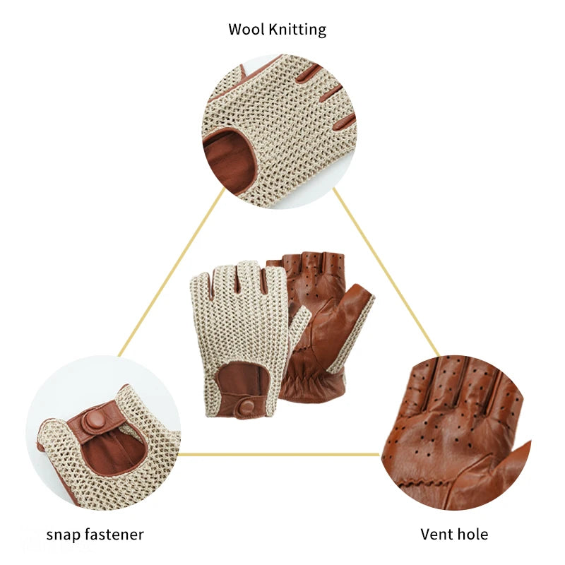 Gants de conduite pour hommes, gants de moto, gants demi-doigts en peau de mouton, gants de voiture en cuir tricoté pour hommes, gants de travail