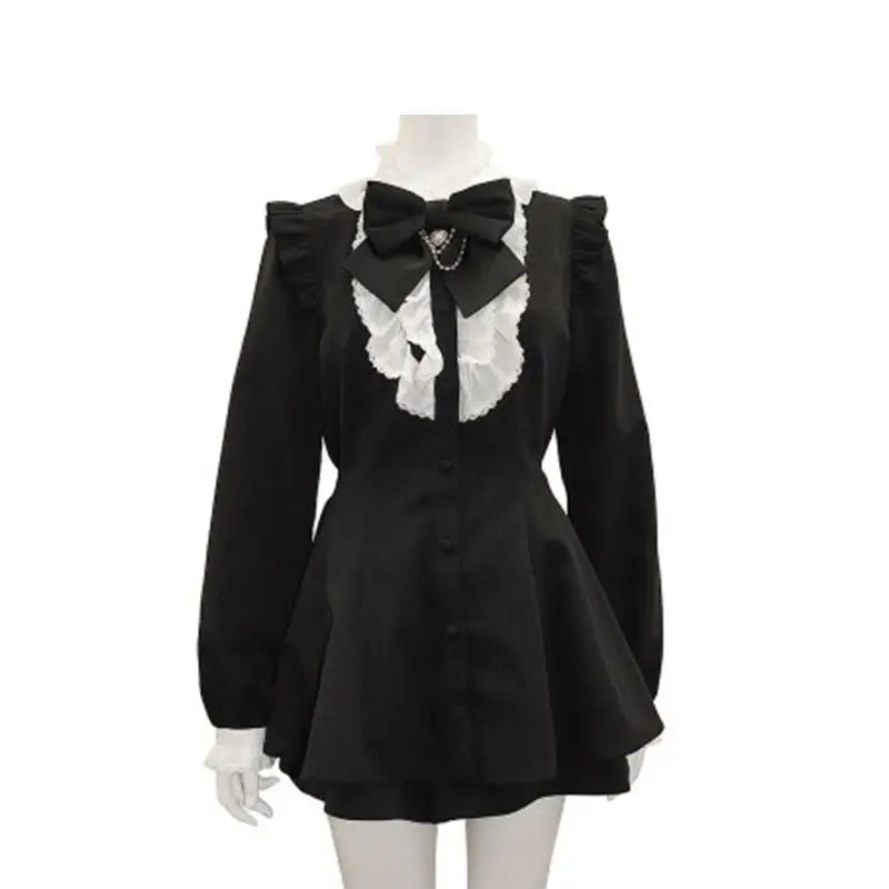 Robe style gothique japonais Y2K Lolita à carreaux avec nœud en strass et short, ensemble doux pour femmes, chemise à manches courtes bouffantes et boutons, robes de soirée