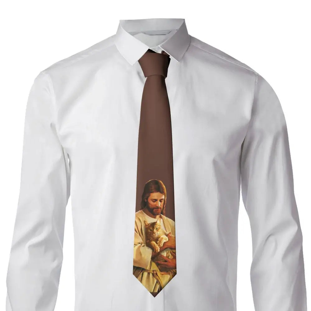 Cravate unisexe Christ et son chat en soie et polyester, 8 cm de large, motif Jésus, pour homme, accessoire de mariage ou de bureau