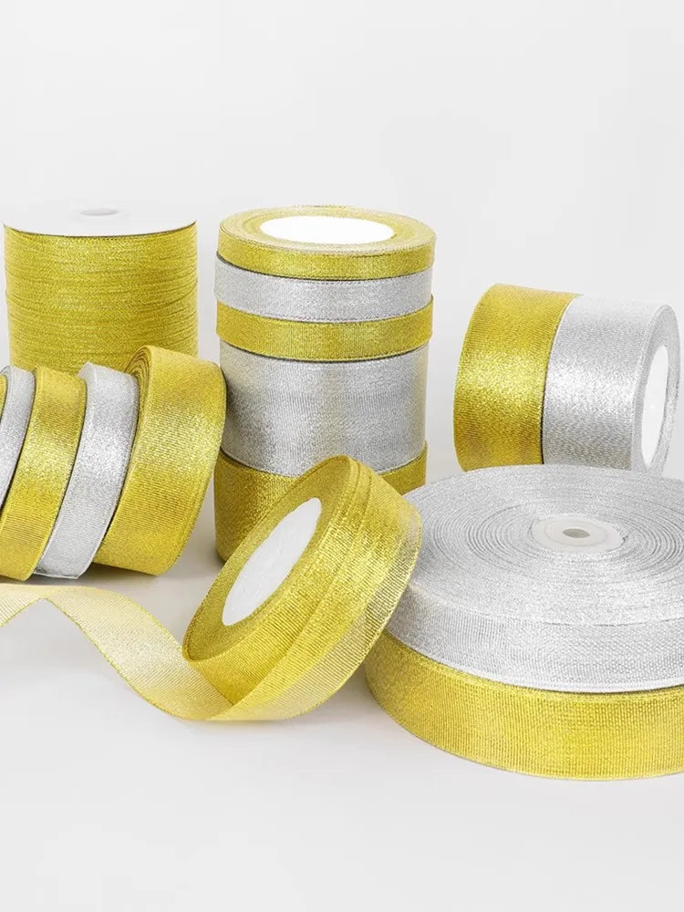 Rubans pailletés dorés et argentés de 6 mm, 10 mm, 15 mm, 20 mm, 25 mm, 40 mm, 50 mm, 25 mètres, pour emballage cadeau de mariage, Noël, Halloween, fête, bricolage