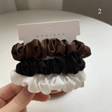 Lot de 3 élastiques à cheveux en soie faits à la main, en satin soyeux, pour queue de cheval, couleur café noir et blanc