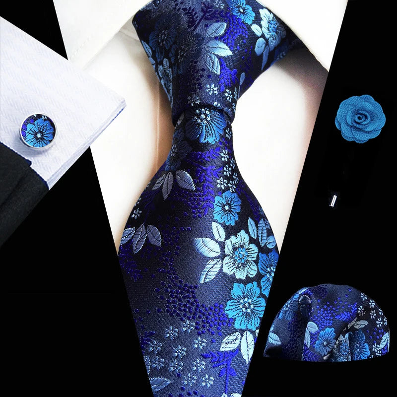 Ensemble de cravates en soie rose floral pour hommes, ensemble de cravates de fête de mariage, mouchoir, broche, boutons de manchette, accessoires pour hommes de haute qualité Gravata