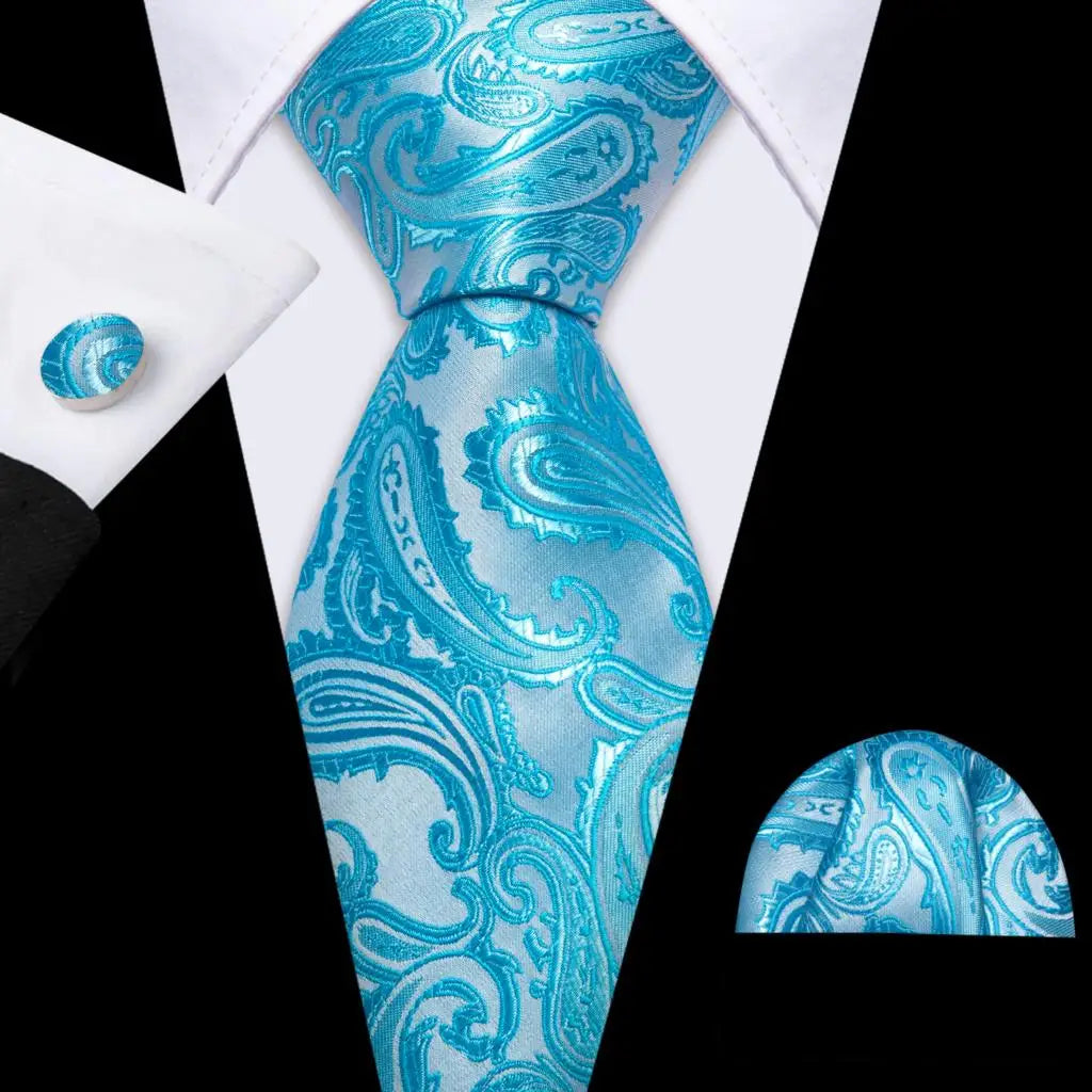 Cravate fantaisie en soie bleu sarcelle pour homme, marque de luxe solide, pochette, boutons de manchette, ensemble de cravates de haute qualité pour fête de mariage Barry.Wang