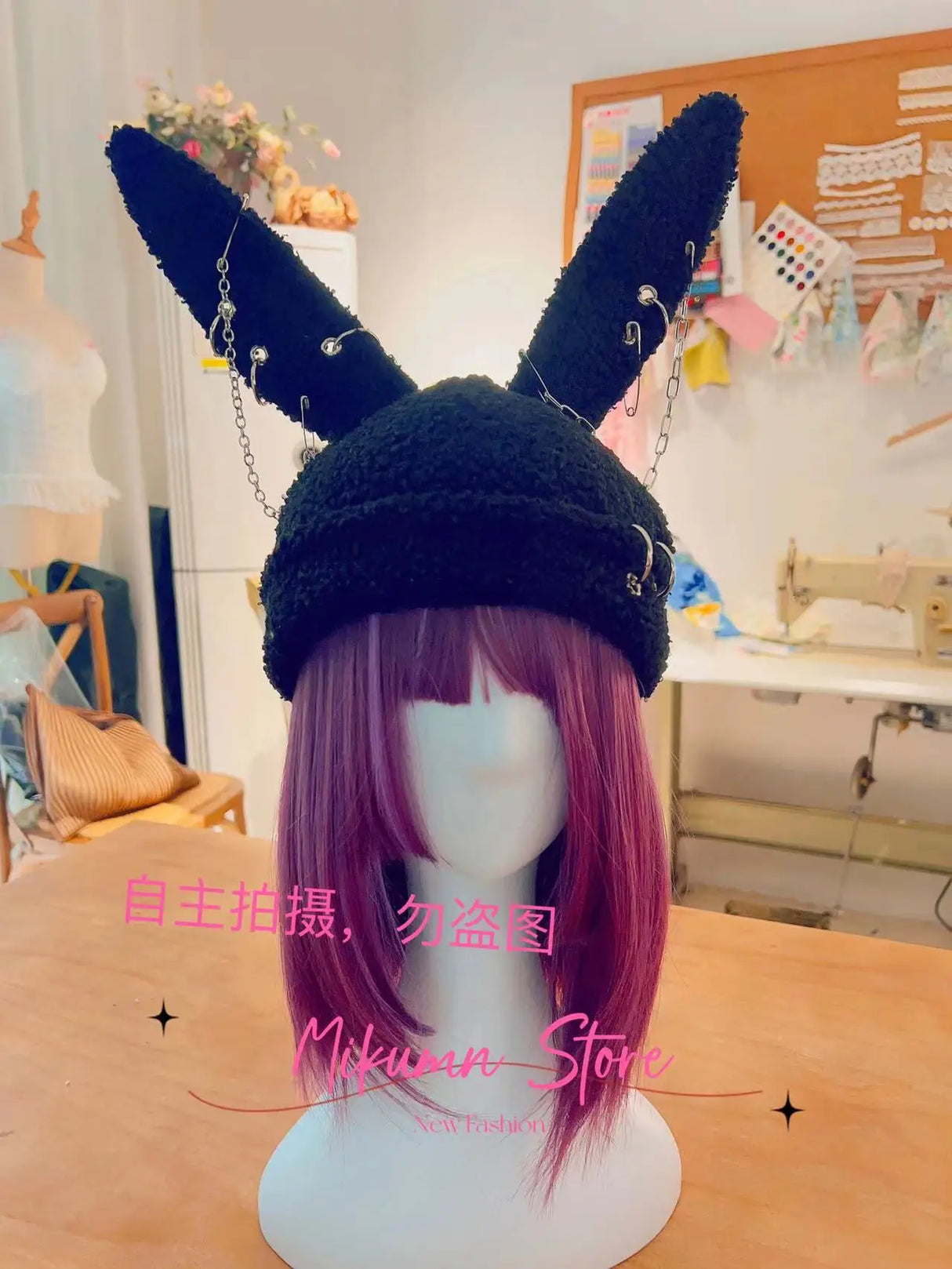 Gothic Grunge Hasenohrmütze Harajuku Y2k Punk Kettennadel Metallring Lammwolle Schwarze Mütze Damen Mädchen Winter Warm Chic Streetwear