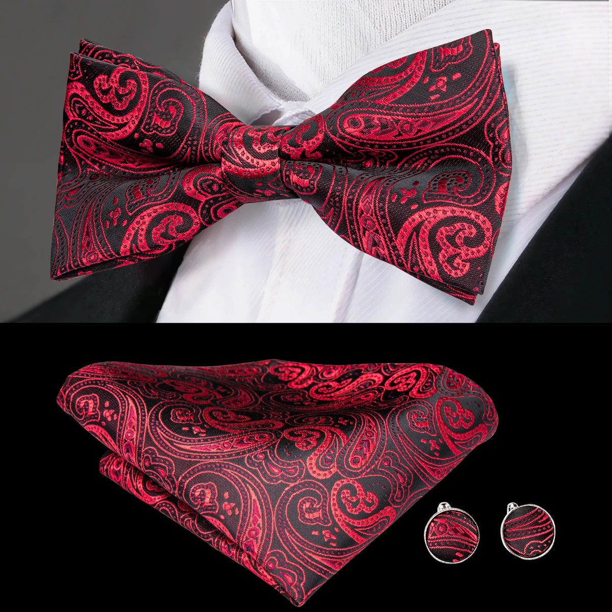 Hi-Tie Marque Soie Pré-noué Homme Nœud Papillon Mouchoir Boutons de Manchette Ensemble Nœud Papillon pour Homme Jacquard Solide Cachemire Floral Mariage Cadeau d'Affaires
