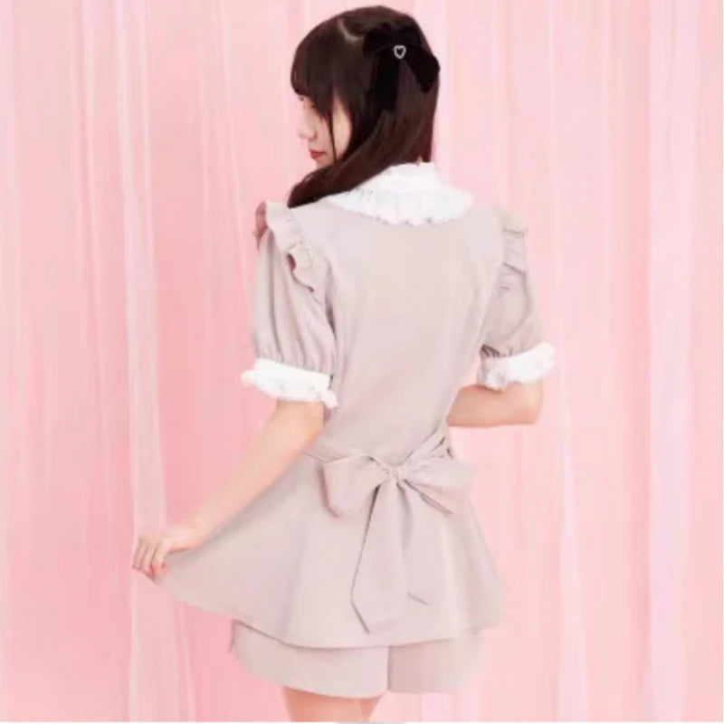 Robe style gothique japonais Y2K Lolita à carreaux avec nœud en strass et short, ensemble doux pour femmes, chemise à manches courtes bouffantes et boutons, robes de soirée