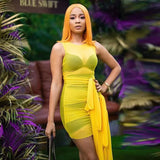 Robe de soirée moulante transparente en maille avec rubans pour femme, mini robe sexy sans manches, couleur unie, tenue basique