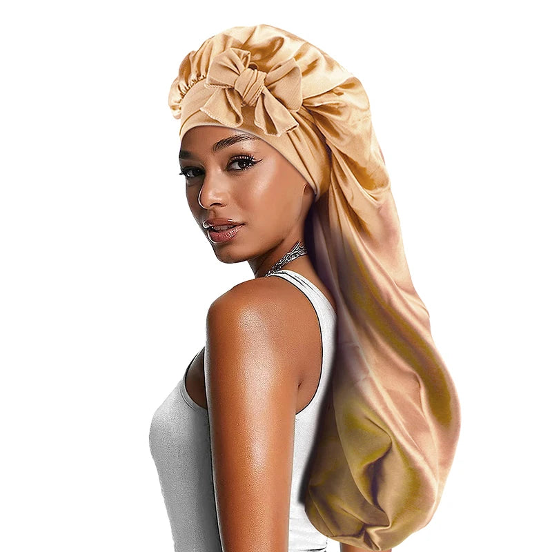 Women long Oversized Elastic Satin Bonnet Sleeping Cap With Ribbon Breathable Sleeping Cap Turban Sleep Headwear Bandanas