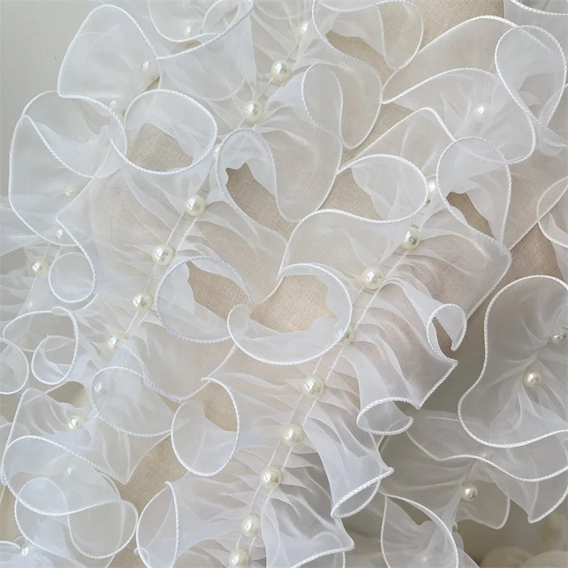 Ruffles Lace Fabric Beaded 11cm Wide White Luolita Dress Cosplay Handicraft Garments Diy Supply Home Deocr Sewing Ribbons 1yard
