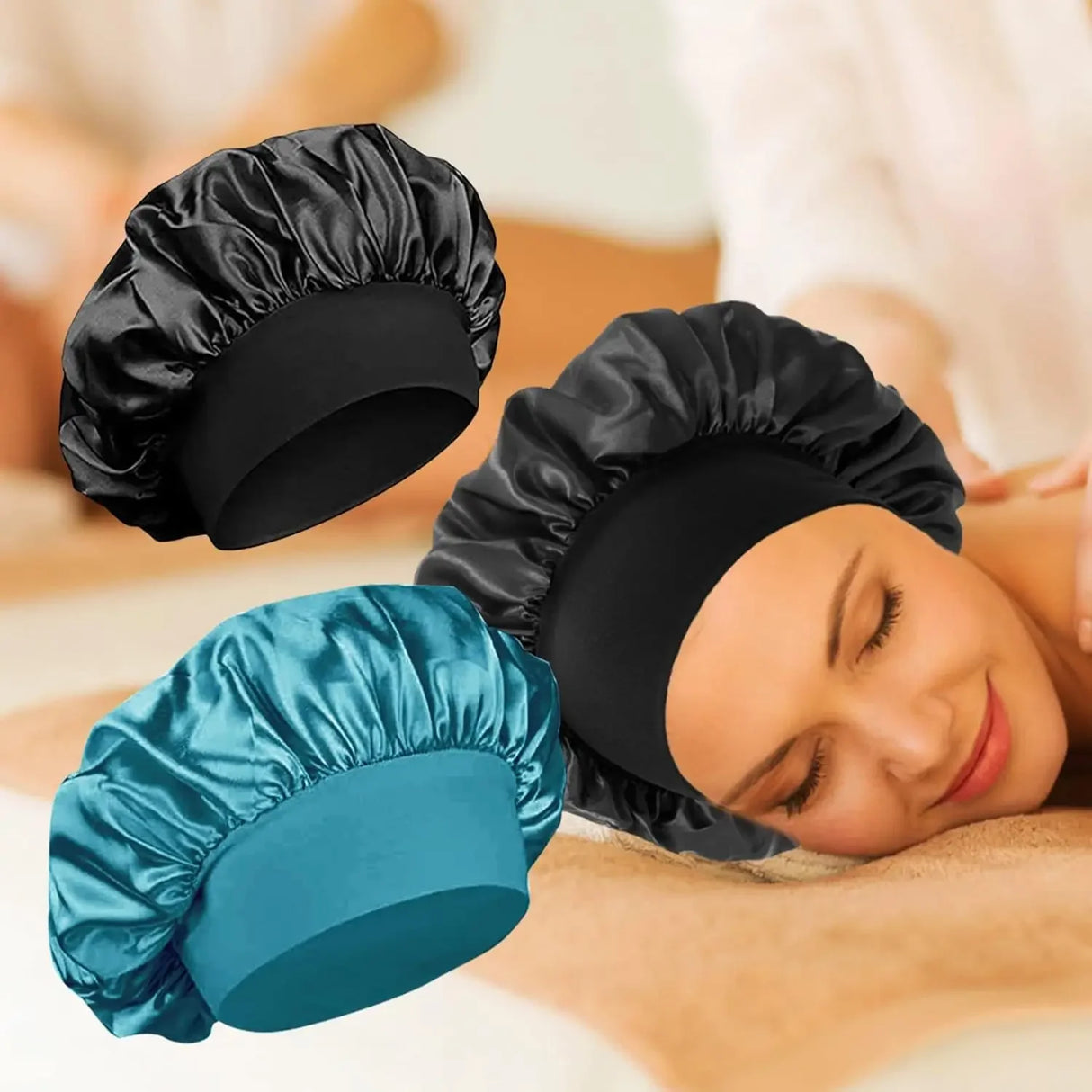 High Elastic Satin Solid Wide-brimmed Sleeping Hat Unisex Head Wrap Elastic Band Cap Hair Care Bonnet Night Sleeping Hat