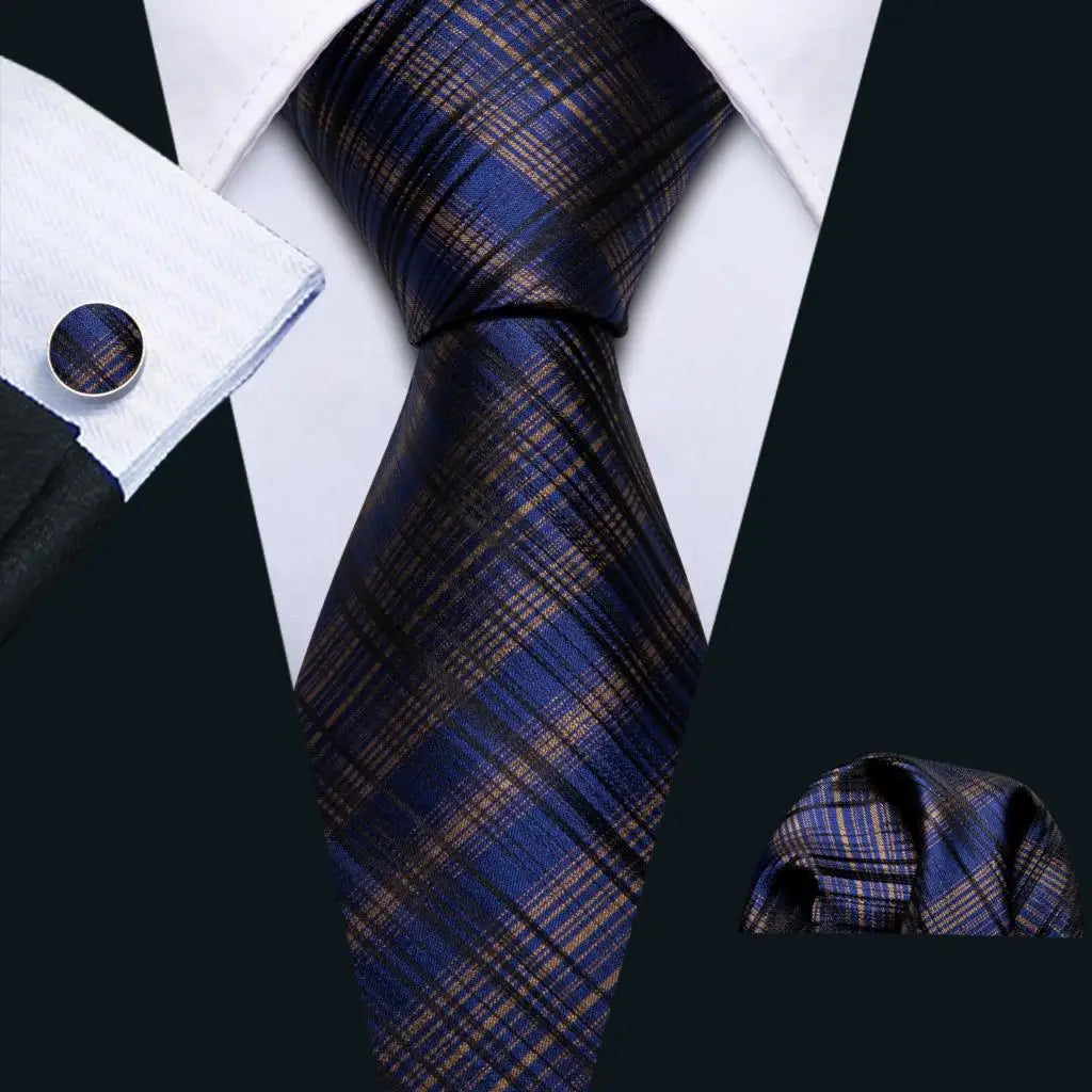 Barry.Wang Ensemble cravate et mouchoir en soie à carreaux pour homme, motif jacquard, idéal pour un mariage, un marié ou une équipe
