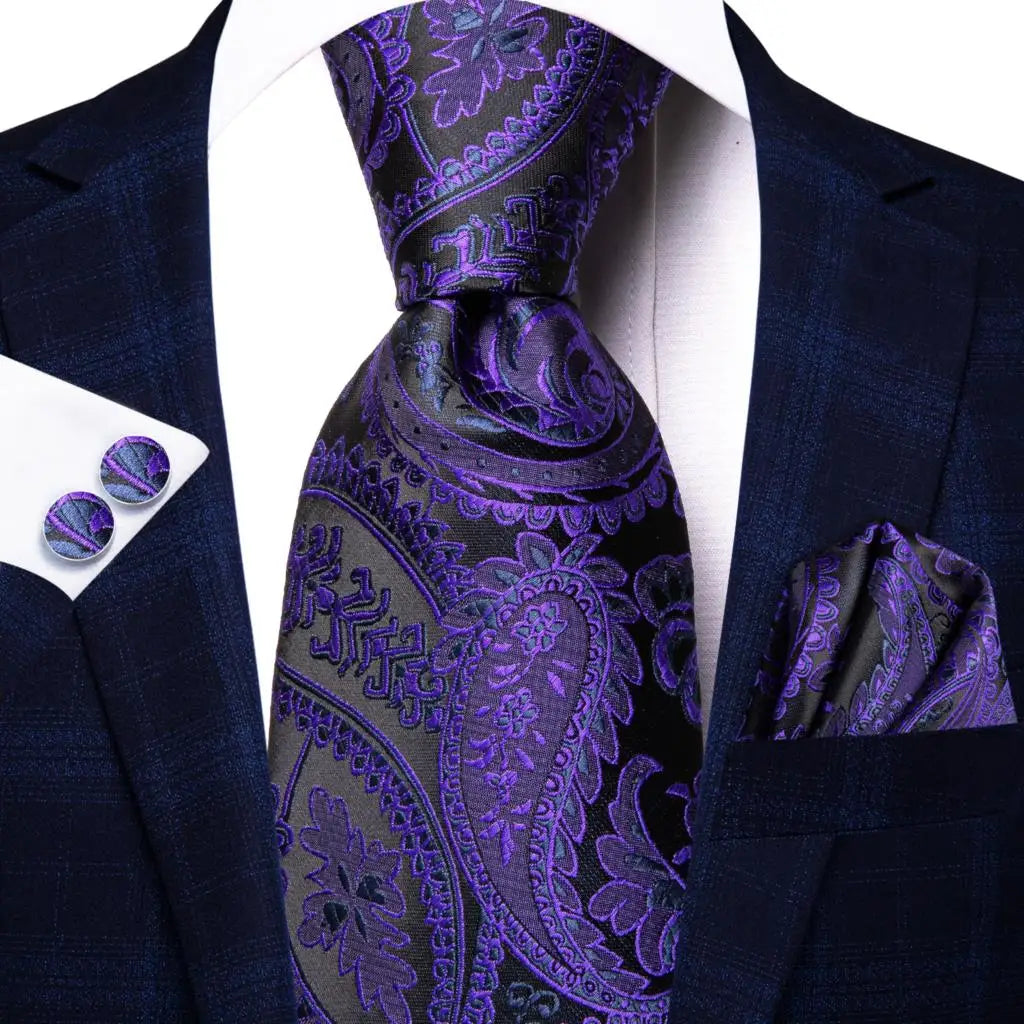 Hi-Tie – Cravate de mariage en soie violette unie à motif cachemire pour homme, ensemble de qualité avec boutons de manchette et mouchoir, cadeau tendance, livraison directe