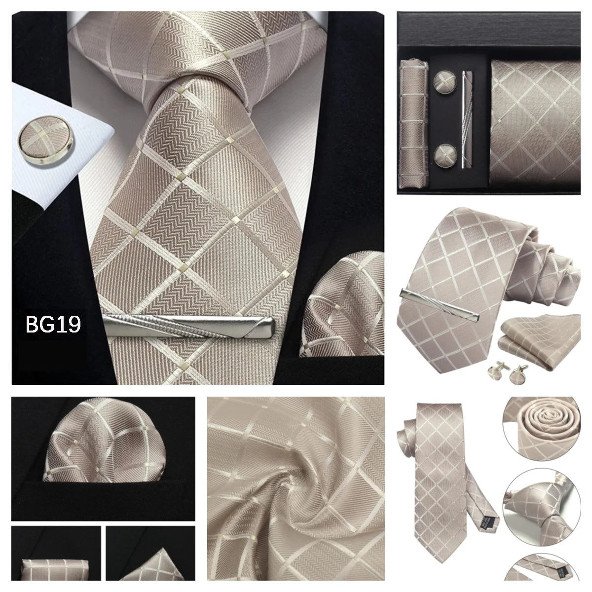 Classic 100% Silk Men's Ties In Gift box 8cm Plaid Dot Striped Business Necktie Handkerchief Cufflinks Wedding Party Tie Set
