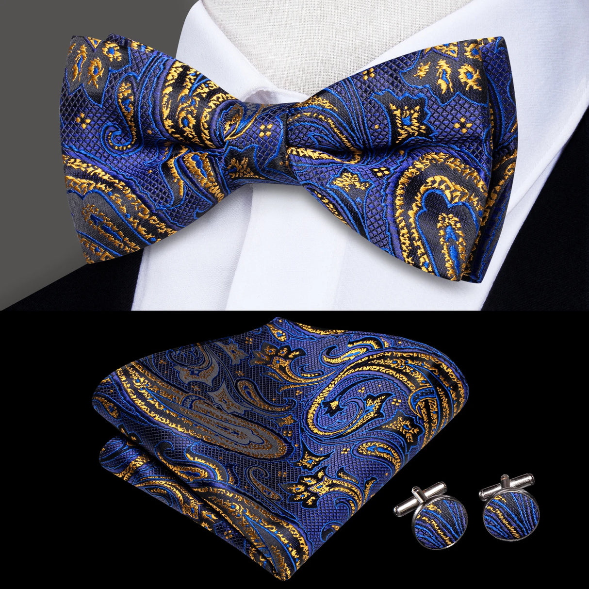 Hi-Tie Marque Soie Pré-noué Homme Nœud Papillon Mouchoir Boutons de Manchette Ensemble Nœud Papillon pour Homme Jacquard Solide Cachemire Floral Mariage Cadeau d'Affaires