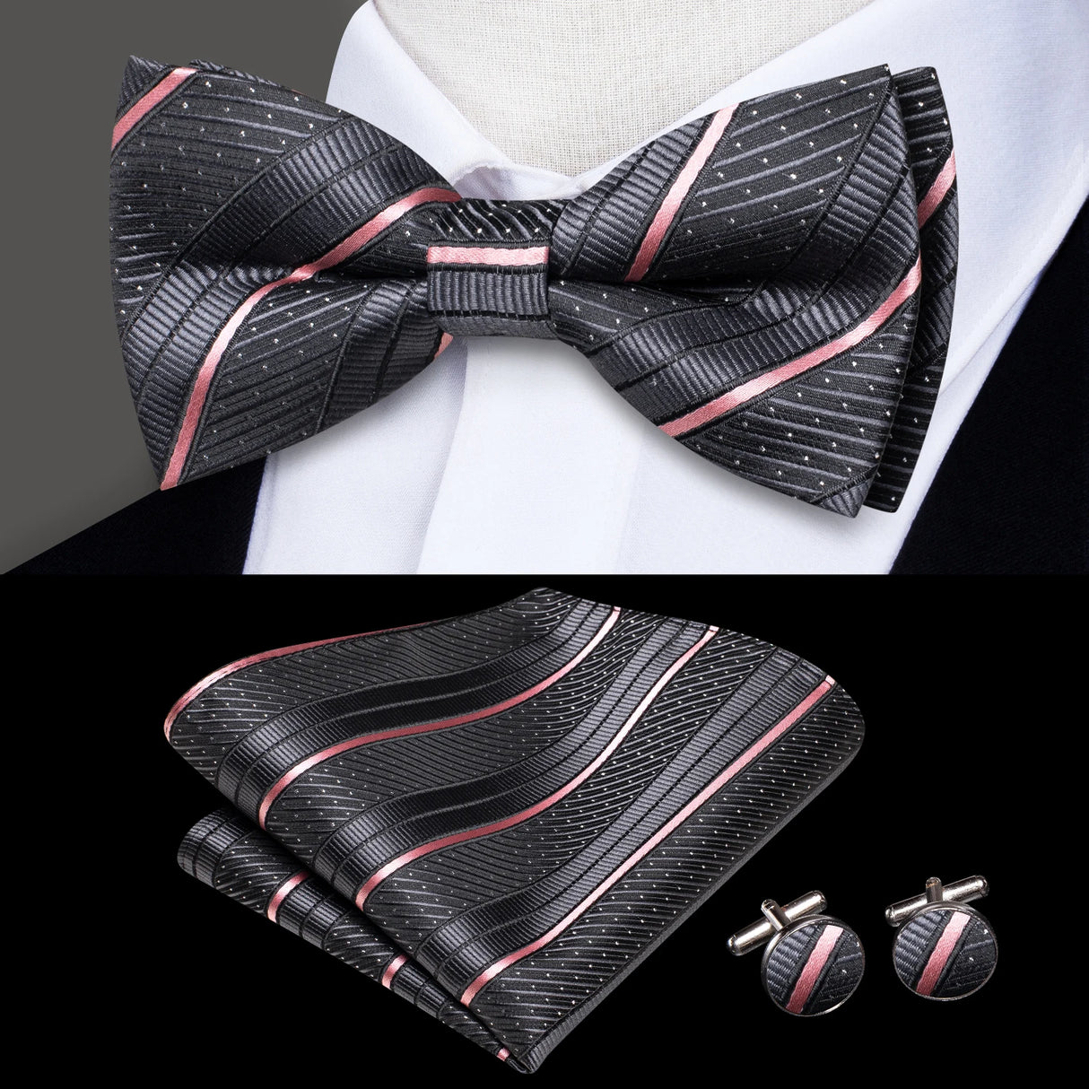 Hi-Tie Marque Soie Pré-noué Homme Nœud Papillon Mouchoir Boutons de Manchette Ensemble Nœud Papillon pour Homme Jacquard Solide Cachemire Floral Mariage Cadeau d'Affaires