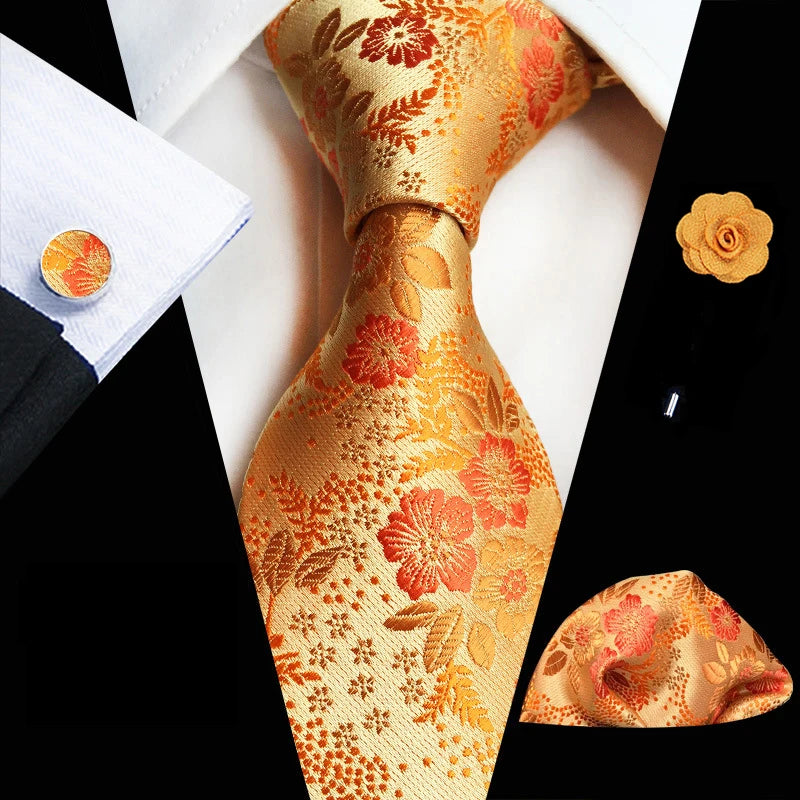 Ensemble de cravates en soie rose floral pour hommes, ensemble de cravates de fête de mariage, mouchoir, broche, boutons de manchette, accessoires pour hommes de haute qualité Gravata