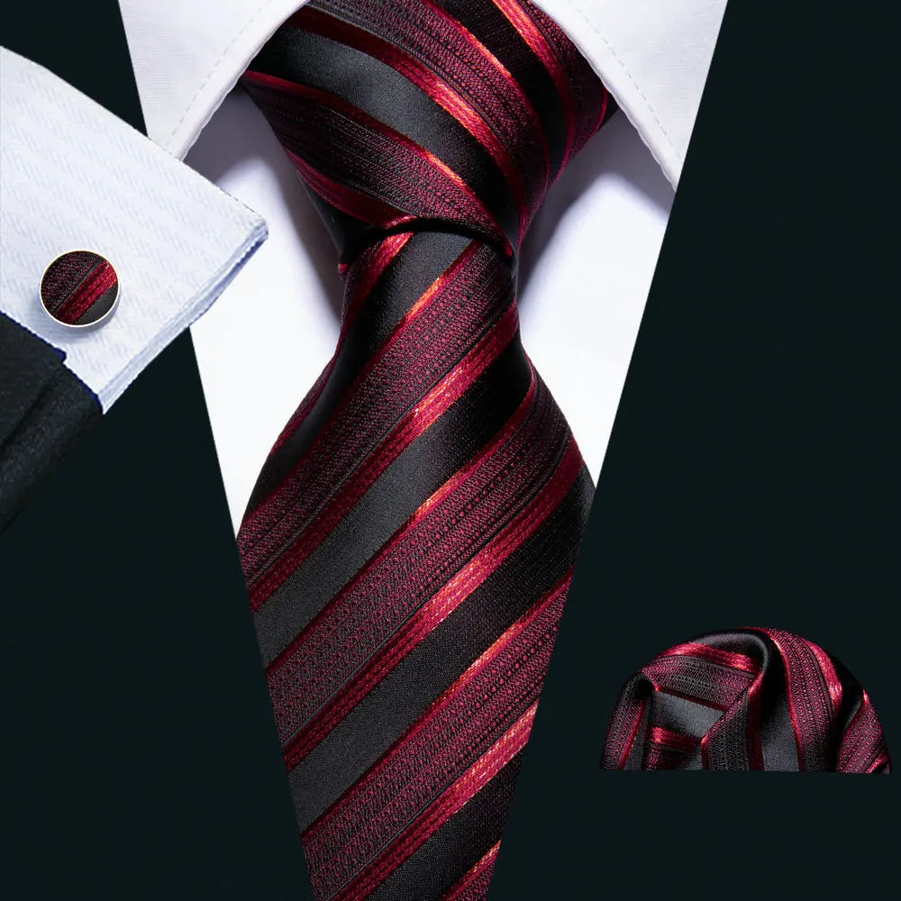 Cravate de luxe pour homme, ensemble de boutons de manchette et mouchoir en soie à rayures rouges, style business, Barry.Wang, accessoire tendance pour mariage, fête, décontracté