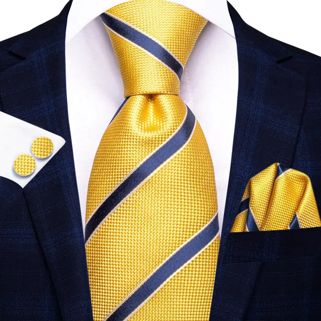 Cravates de luxe à rayures jaunes et bleues pour hommes, nouvelle marque tendance 2022, ensemble de cravates pour fête de mariage, mouchoir, boutons de manchette, cadeau en gros