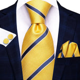 Cravates de luxe à rayures jaunes et bleues pour hommes, nouvelle marque tendance 2022, ensemble de cravates pour fête de mariage, mouchoir, boutons de manchette, cadeau en gros
