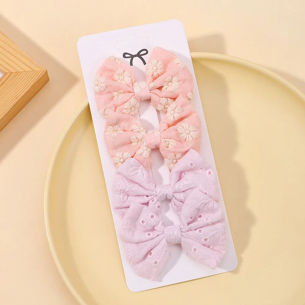 4Pcs/Set Lovely Cotton Bowknot Clips Safe Hairpins Girl Fresh Pastoral Hairclips Baby Hair Accessories Kids Print Hairgripe Gift