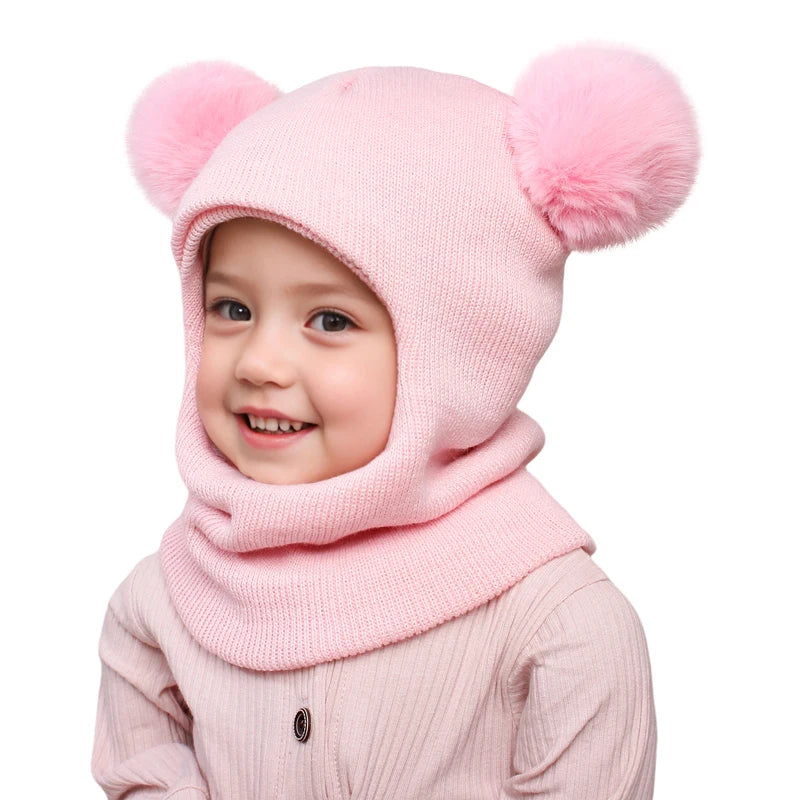Pompom Baby Winter Hat Scarf One-piece Kids Knitted Beanie Warm Ears Neck Children Bonnet Infant Cap for Girls Boys 1-5Y
