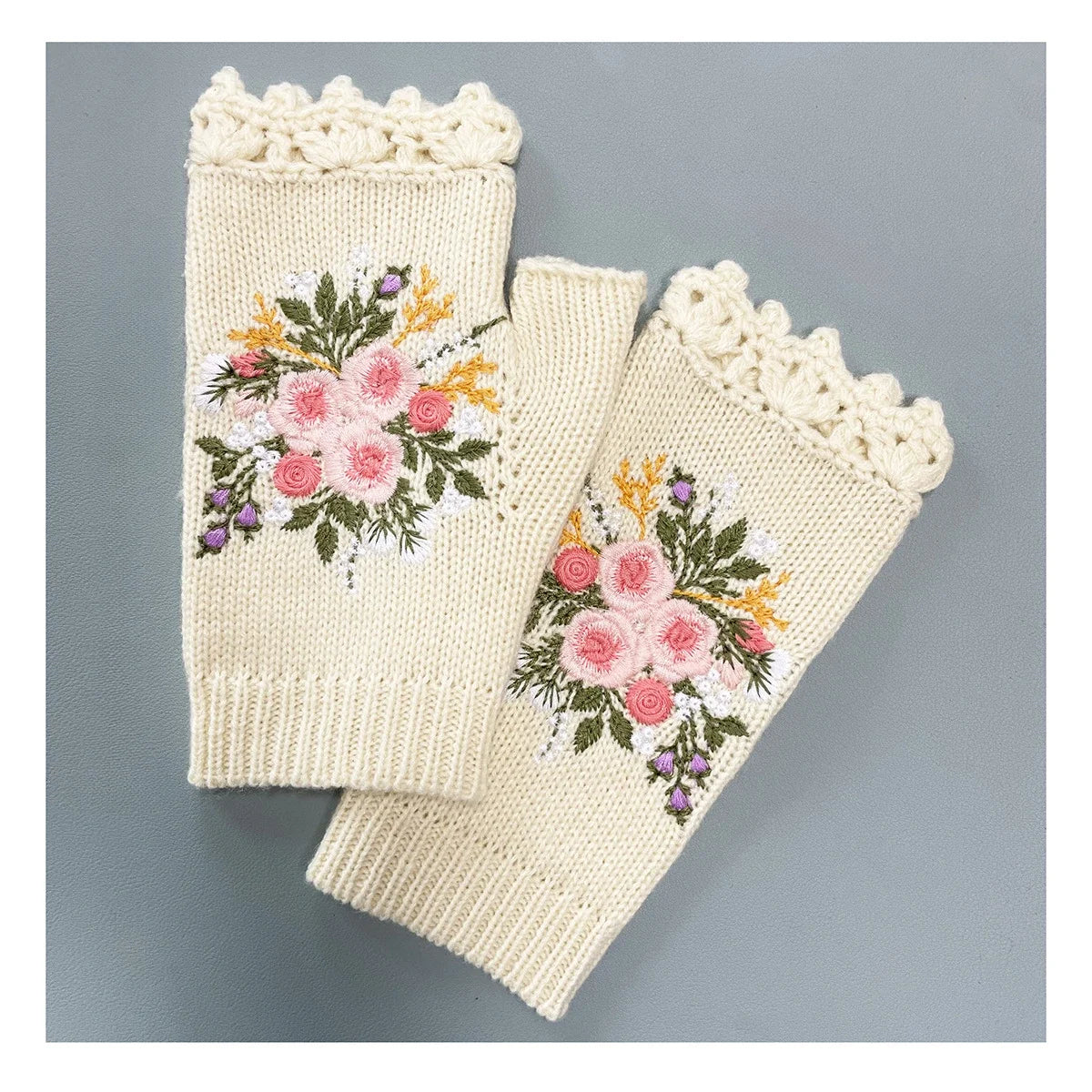 Gants tricotés à la main pour femmes, chauds, automne-hiver, brodés à fleurs, demi-doigts, sans doigts, pour filles