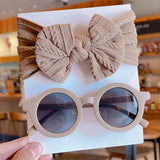 2 Pcs/Set New Children Solid Color Cotton Bowknot Wide Hairband Round Sunglasses Set Baby Girls Sunglasses Kids Hair Accessories