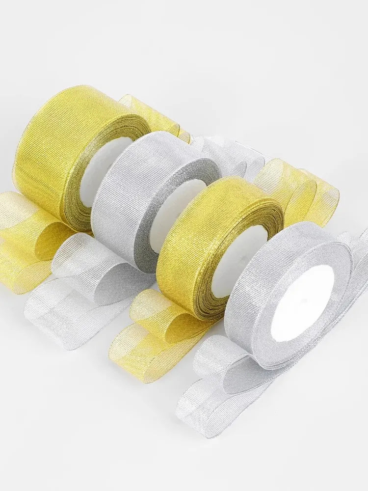 Rubans pailletés dorés et argentés de 6 mm, 10 mm, 15 mm, 20 mm, 25 mm, 40 mm, 50 mm, 25 mètres, pour emballage cadeau de mariage, Noël, Halloween, fête, bricolage