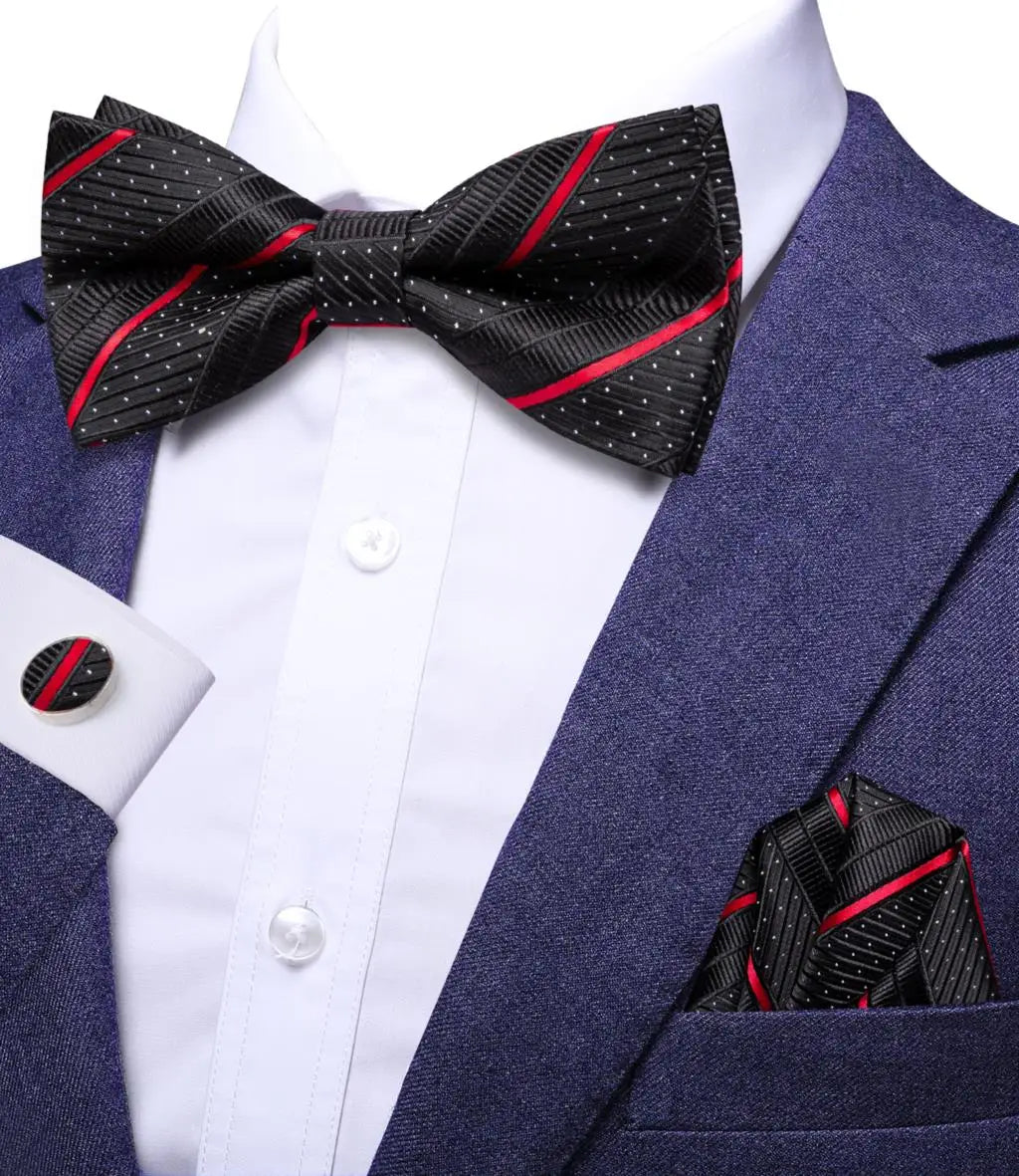 Hi-Tie Nœud papillon rayé noir et rouge pour homme, mouchoir, boutons de manchette, en soie pré-nouée, pour soirée d'affaires masculine, vente en gros