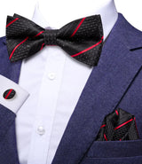 Hi-Tie Nœud papillon rayé noir et rouge pour homme, mouchoir, boutons de manchette, en soie pré-nouée, pour soirée d'affaires masculine, vente en gros