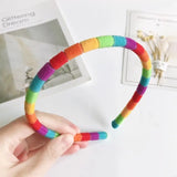 49MB Women Girls Autumn Winter Plush Headband Rainbow Colorful Striped Elastic Hair Hoop Festival Party Wash Face Styling
