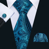 Cravate fantaisie en soie bleu sarcelle pour homme, marque de luxe solide, pochette, boutons de manchette, ensemble de cravates de haute qualité pour fête de mariage Barry.Wang