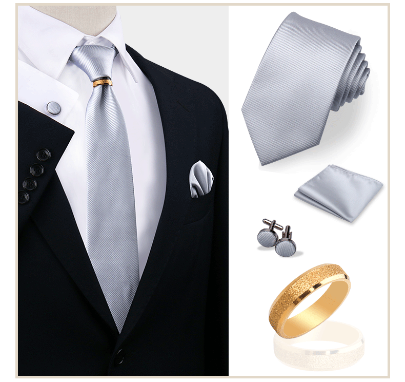 Ensemble de cravates en soie de luxe pour hommes, cravate, mouchoir, boutons de manchette avec anneau en métal doré, broche, costume, fête de mariage, accessoires pour hommes