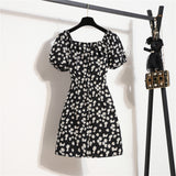 Women Mini Dresses Summer Fashion Female Vestidos Print Floral Chiffon Dresses Shirring Pleated Short Puffy Sleeve Casual Dress