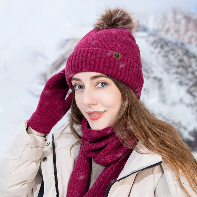 Ensemble bonnet, écharpe et gants chauds en laine de couleur unie, trois pièces pour hommes et femmes, automne-hiver, vent froid, boule de laine rembourrée, tricot doux