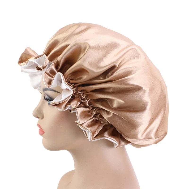 High Quality Double Sided Layer Waterproof Shower Cap Solid Color Satin Hair Bonnet Cap For Women