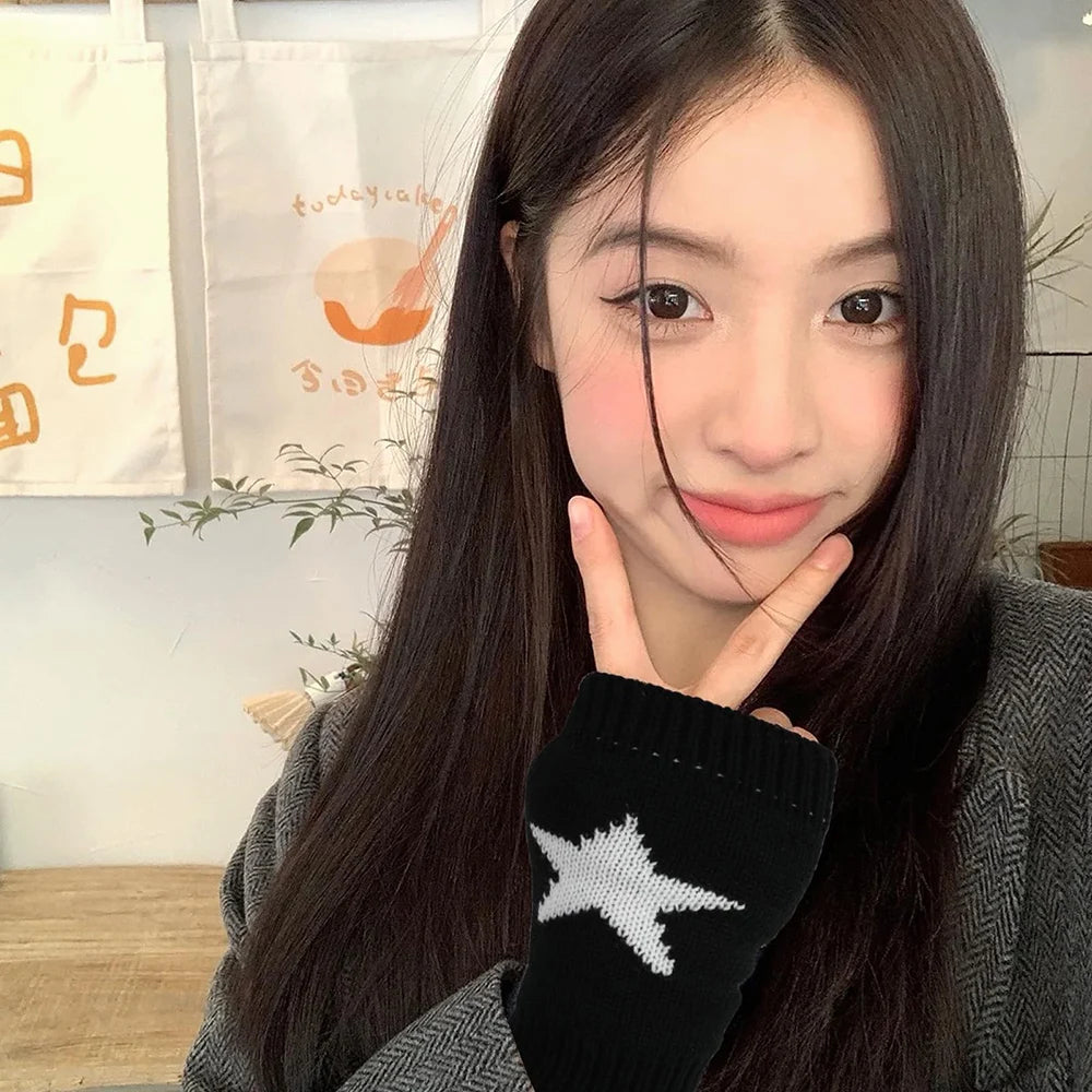 Gants d'hiver tricotés tendance Y2K pour femmes coréennes, mitaines chaudes en laine à demi-doigts, motif étoile pentagramme, mitaines chauffantes sans doigts