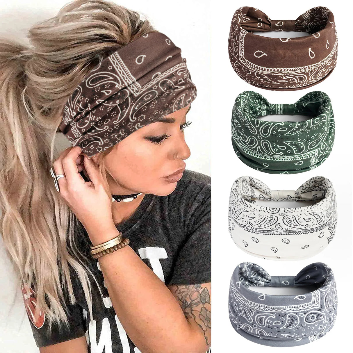 Boho Headbands For Women Fashion Stretch Wide Hair Bands Knoted Turban Yoga Sweatband Elastic Head Bands Stylish Wrap Headbands
