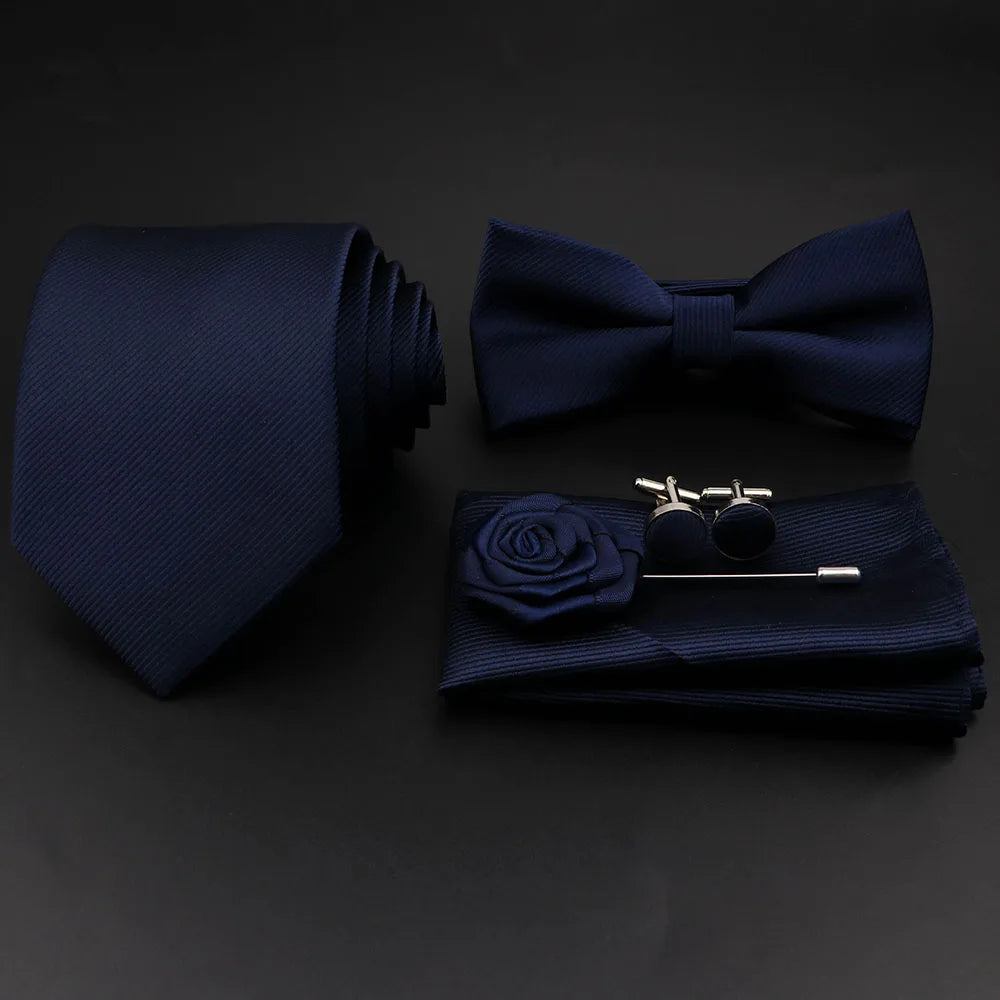 Hot Sale Red Blue Tie Set Polyester Slim Striped Necktie Bowtie Cufflink Brooch For Groom Suit Wedding Cravat Shirt Accessory