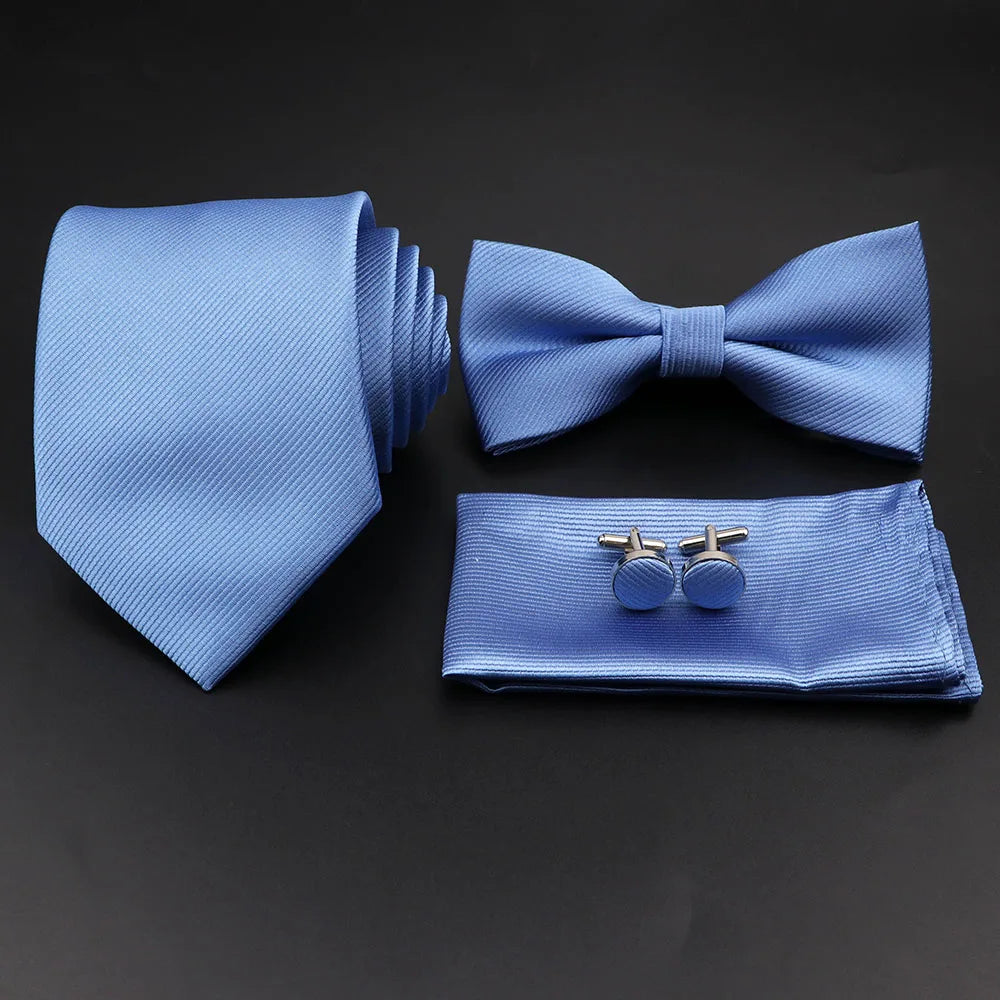 Hot Sale Red Blue Tie Set Polyester Slim Striped Necktie Bowtie Cufflink Brooch For Groom Suit Wedding Cravat Shirt Accessory