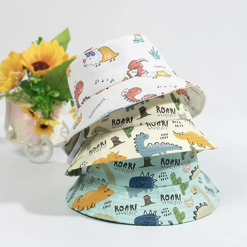 Cute Cartoon Printing Bucket Baby Hat Cotton Breathable Kids Fisherman Hat Infant Toddle Sun Hat with Drawstring for 1-5 Years
