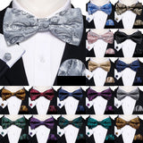 Barry.Wang Silk Mens Bow Tie White Green Pink Purple Jacquard Paisley Floral Pre-Tied Bowtie Hanky Cuffs Set Wedding Business